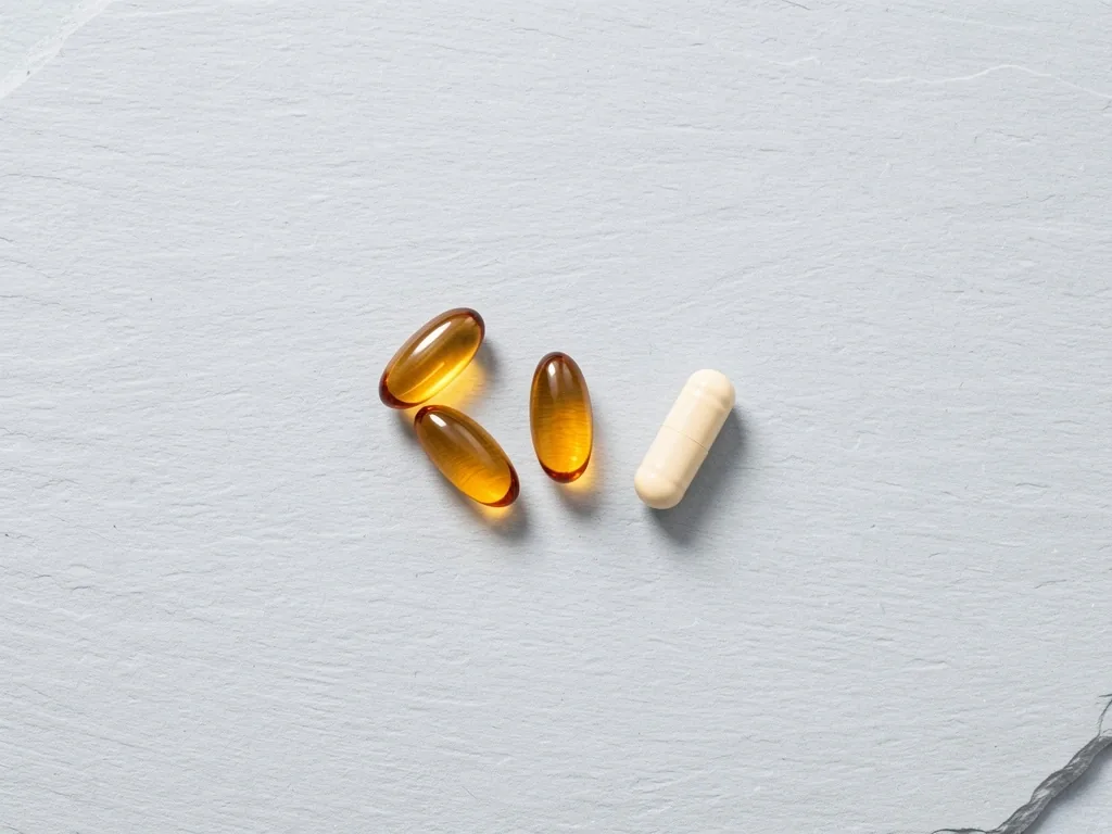 A small set of premium supplement capsules on a slate surface