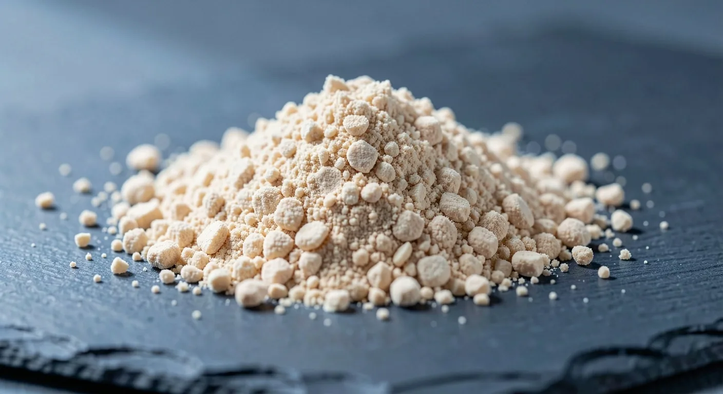 Macro view of natural supplement powder on a dark surface