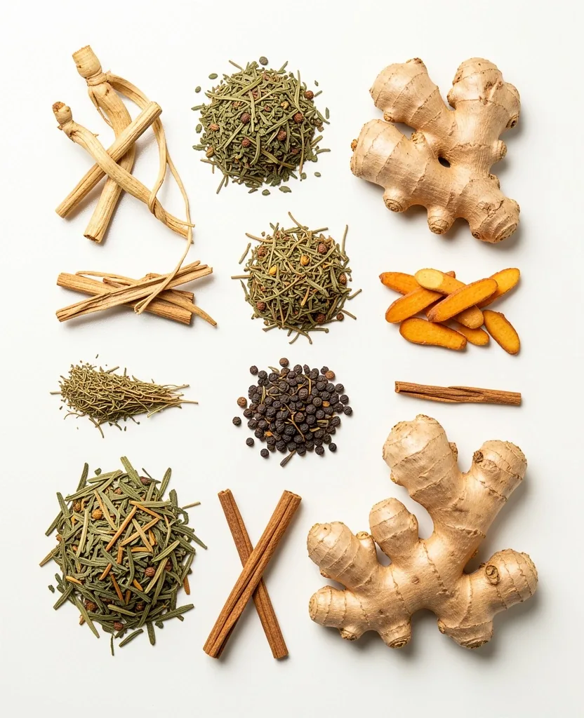 Assorted dried herbs and roots on a pale surface
