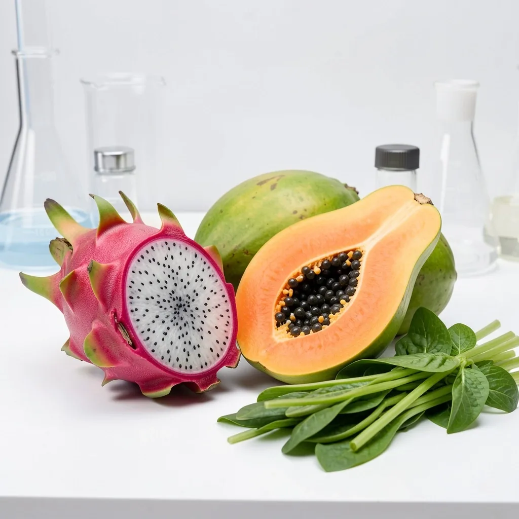 Fresh tropical foods on a clean surface