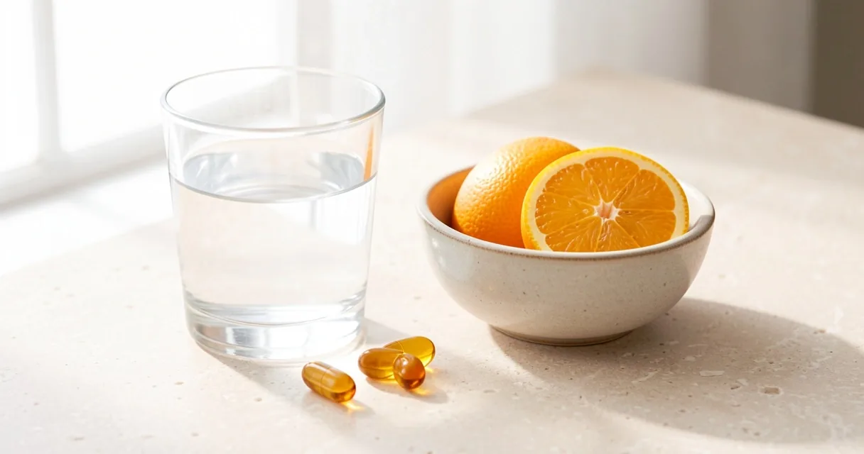 Morning wellness setup with water, fruit, and capsules